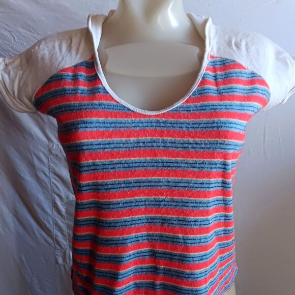 Vintage Small 1970's Hoody T-shirt Top Hippy Striped With Scoop Neck - Picture 1 of 6